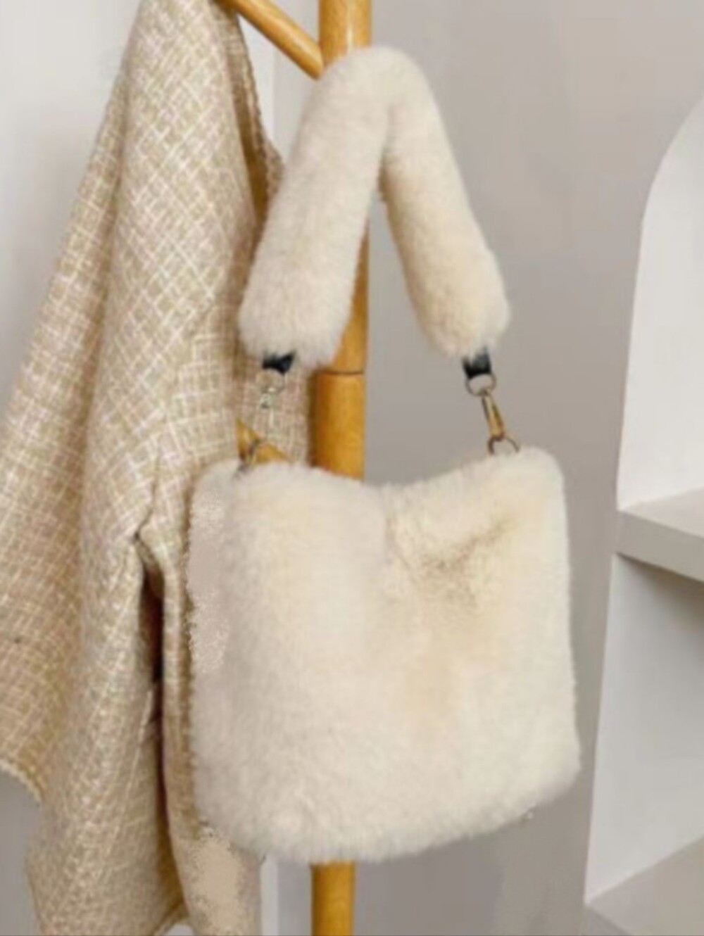 New Plush Faux Fur Shoulder Bag In Ivory